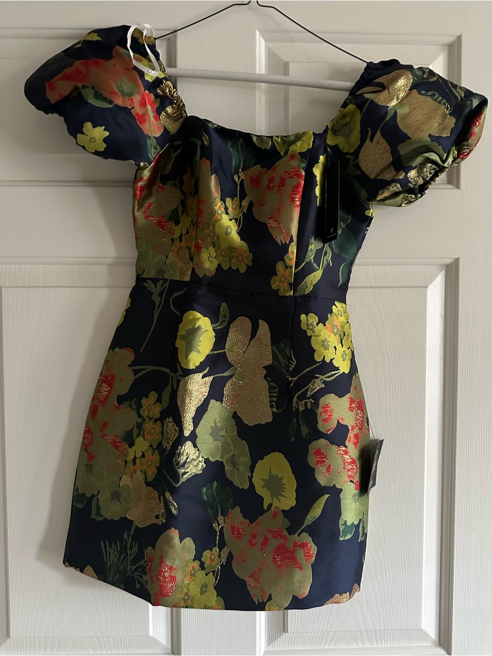 Lulu's Navy Floral Puff-Sleeve Mini Dress with Gold & Green Blooms